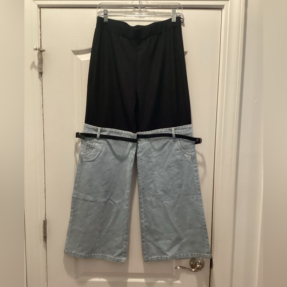 Denim Hybrid Flare Leg Pants (Color: Black /Washed Blue) (Size: XL)